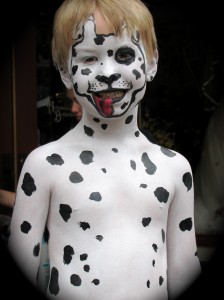 boy painted as a dalmatian puppy, got photo on fire truck, Musikfest 2009