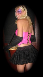 Shot Girl, painted on corset inspired by Brittany Spears outfit.